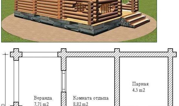 Проекты бань из оцилиндрованного бревна - 4.5х6.5 м2