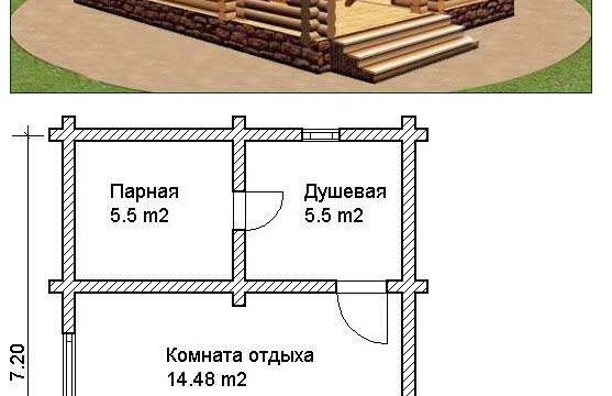 Проекты бань из оцилиндрованного бревна - 7.2х5.4 м