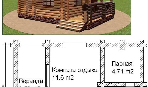 Проекты бань из оцилиндрованного бревна - 8х5.46 м2